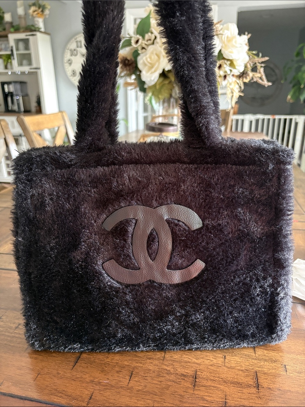 Cute Fashion Fuzzy Black Tote Button Closure